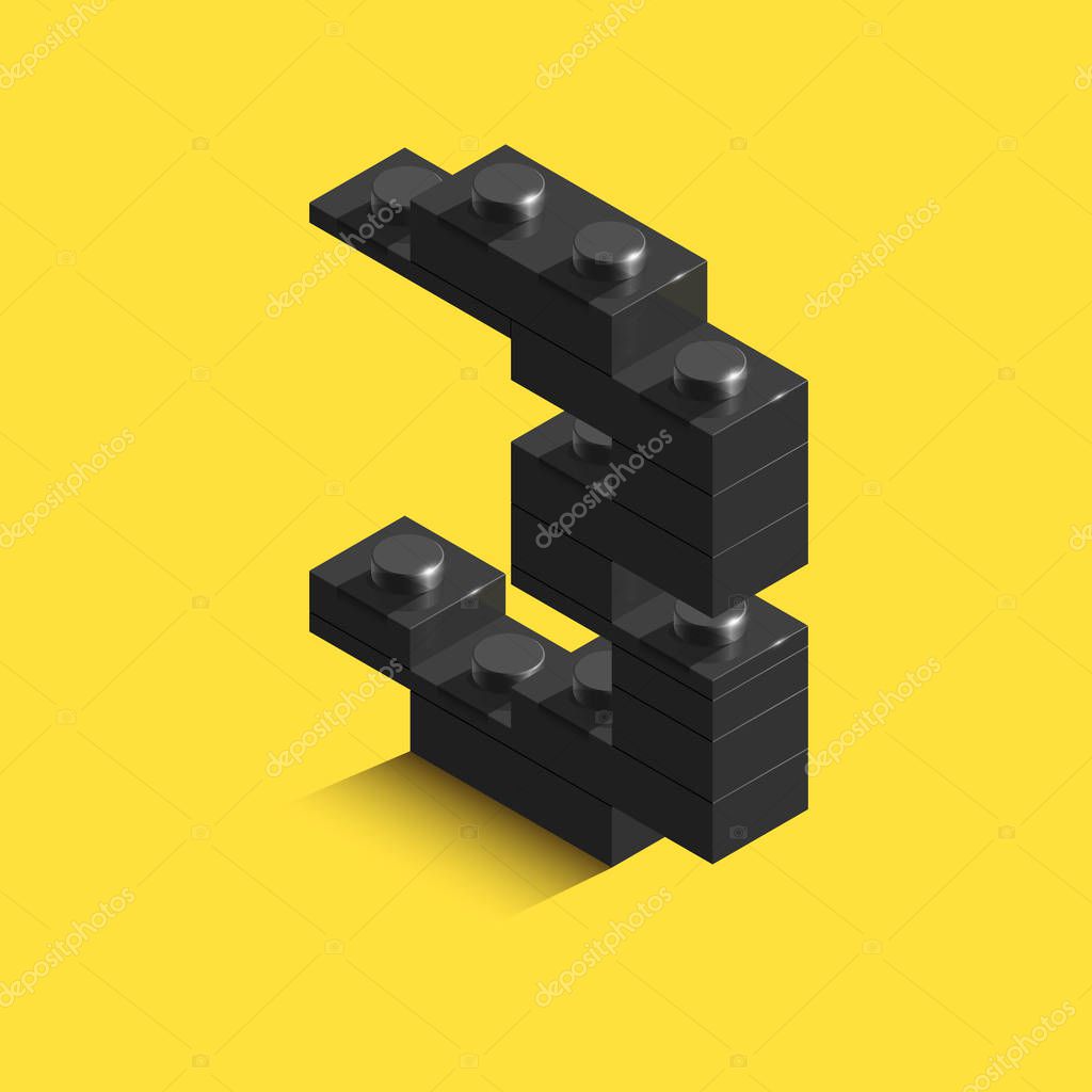 3d isometric black number from brick on yellow background. 3d number from bricks. Realistic number