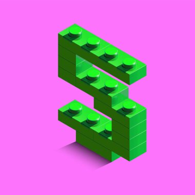 Yeşil sayı beş Oluşturucu lego tuğla pembe bir arka plan üzerinde. 3d lego beş numaralı
