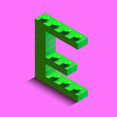 Gerçekçi yeşil 3d izometrik harf E Oluşturucu lego tuğla. Lego yapı taşları 3D izometrik plastik mektup yeşil. LEGO harfler. 3D harfler