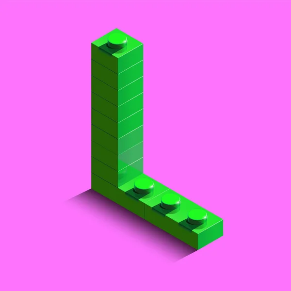 現実的な緑 アイソ メトリック コンス トラクター レゴブロックからアルファベットの を文字します 緑のレゴのビルディング ブロックから の等尺性プラスチック手紙 — ストックベクタ