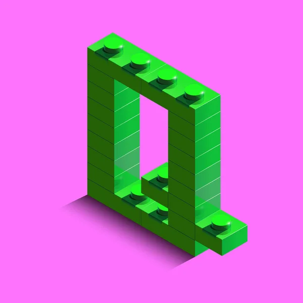 現実的な緑 アイソ メトリック コンス トラクター レゴブロックからアルファベットの を文字します 緑のレゴのビルディング ブロックから の等尺性プラスチック手紙 — ストックベクタ