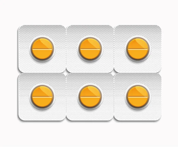 Beyaz arka plan, ilaç antibiyotik ilaçlar üzerinde sarı tıp hap Vakumlu ambalaj içinde. 3D hapları. Vakumlu ambalaj içinde 3D hap