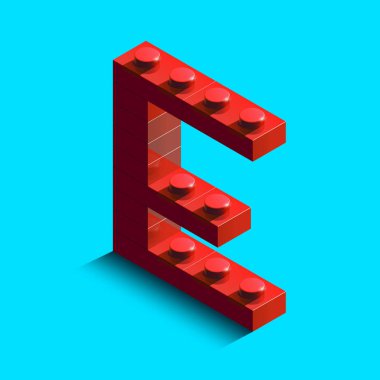 Gerçekçi kırmızı 3d izometrik harf E Oluşturucu lego tuğla. Kırmızı lego yapı taşları 3d izometrik plastik mektup. Lego harfler. 3D harfler