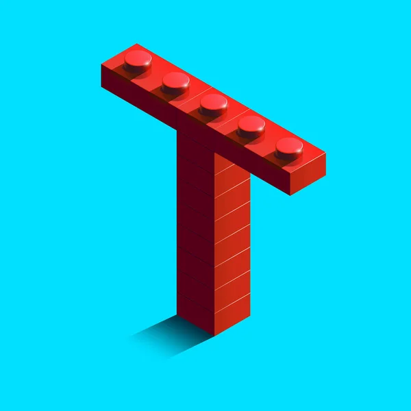 Gerçekçi kırmızı 3d izometrik harf T Oluşturucu lego tuğla. Kırmızı lego yapı taşları 3d izometrik plastik mektup. Lego harfler. 3D harfler