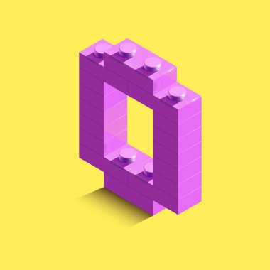 3D izometrik pembe sayı sıfır lego tuğla Sarı zemin üzerine. lego tuğla 3D numaradan. Gerçekçi numarası