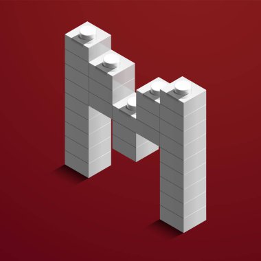 Realistic white 3d isometric letter M of the alphabet from constructor lego bricks. White 3d isometric plastic letter from the lego building blocks. Lego letters. 3d letters. 3d design clipart