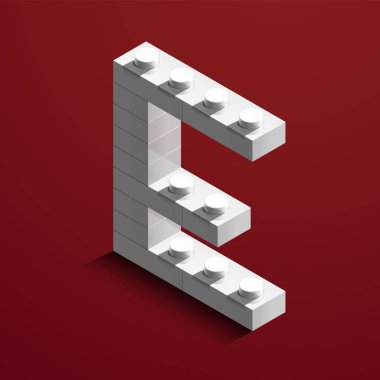 Gerçekçi beyaz 3d izometrik harf E Oluşturucu lego tuğla. Lego yapı taşları 3D izometrik plastik mektup beyaz. Lego harfler. 3D harfler. 3D tasarım