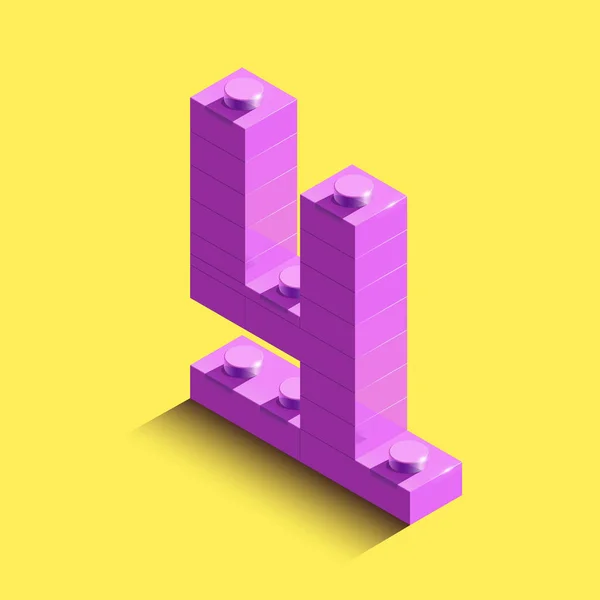Isometrische Rosa Zahl Vier Aus Legosteinen Auf Gelbem Hintergrund Zahl — Stockvektor