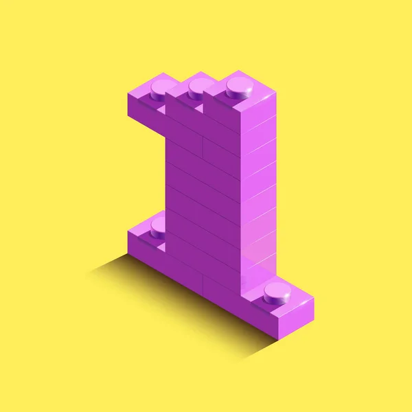 アイソ メトリック ピンク ナンバーワン Lego のブロックを黄色の背景から Lego ブロックから の数です 現実的な数 — ストックベクタ