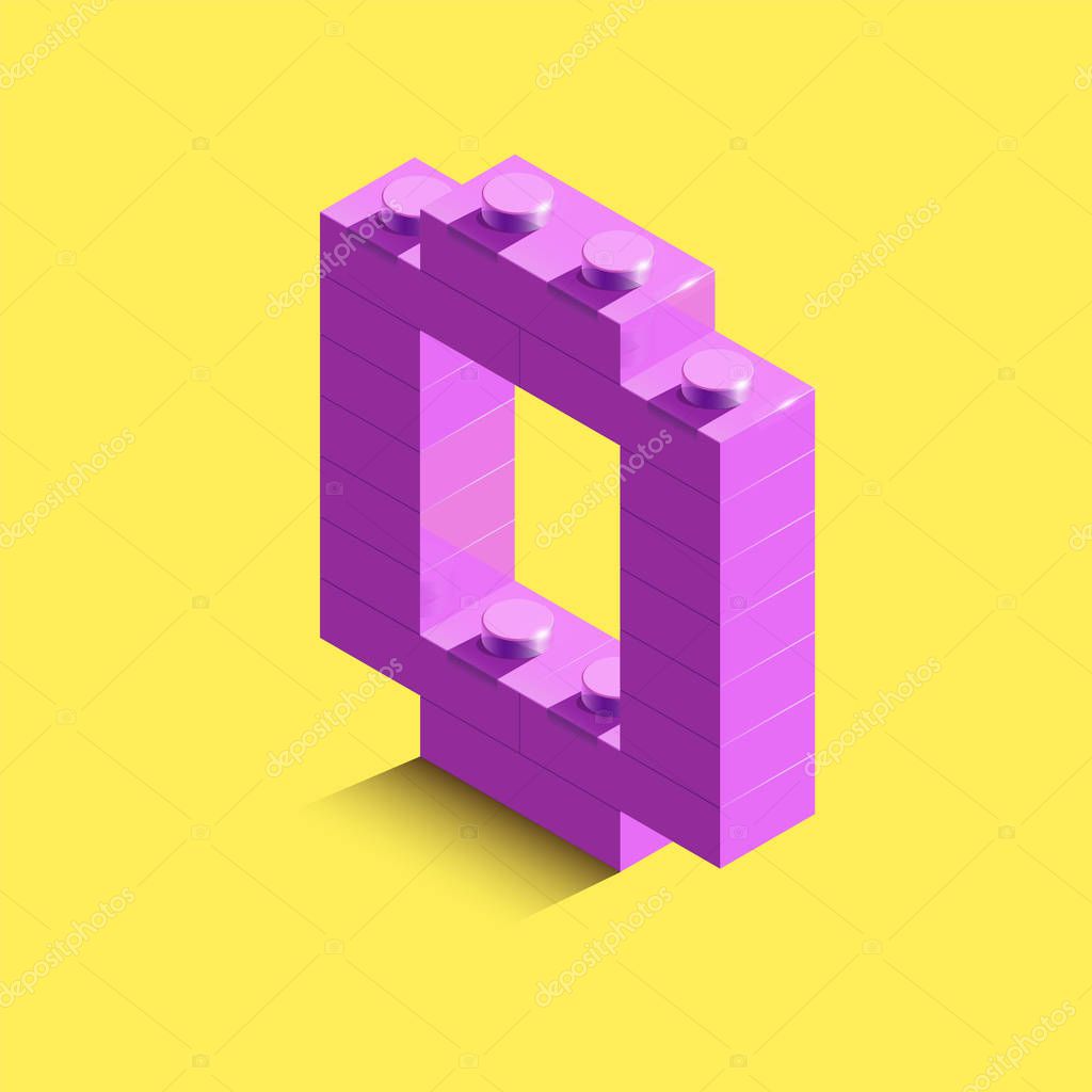 3d isometric pink number Zero from lego brick on yellow background. 3d number from lego bricks. Realistic number