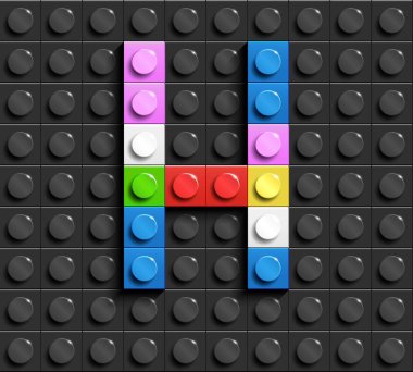 Renkli harfler H üzerinde siyah lego lego tuğla binadan alfabe arka plan tuğla. Lego arka plan. 3D harfler