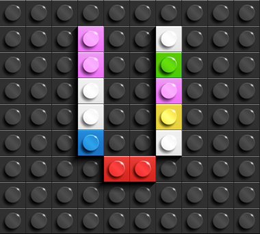 Renkli harfler V üzerinde siyah lego lego tuğla binadan alfabe arka plan tuğla. Lego arka plan. 3D harfler