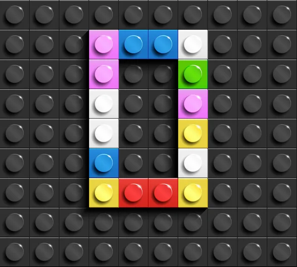 Arka plan üzerinde siyah lego lego tuğla binadan alfabesinin renkli harfleri O tuğla. Lego arka plan. 3D harfler