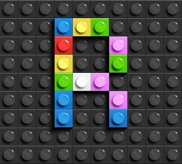 Renkli harfler R üzerinde siyah lego lego tuğla binadan alfabe arka plan tuğla. Lego arka plan. 3D harfler