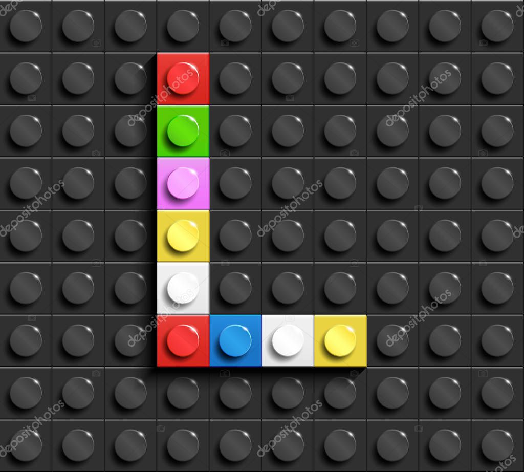 Colorful letters L of alphabet from building lego bricks on black lego brick background. lego background. 3d letters