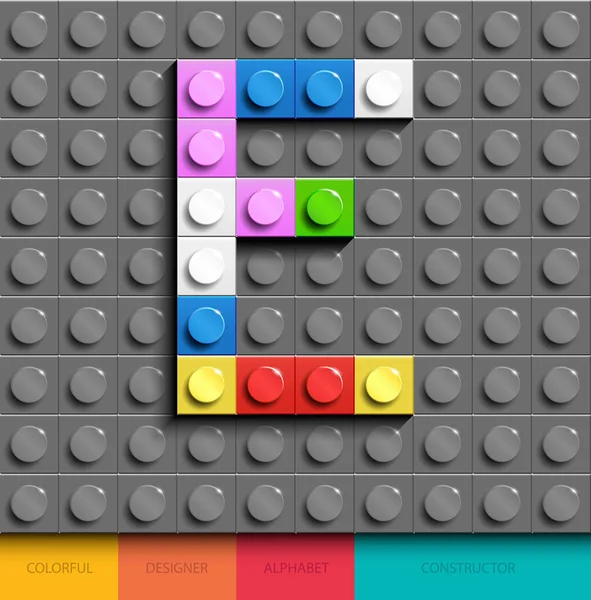Renkli harf E arka planda gri lego lego tuğla binadan. Lego mektup E. 3d lego harfler. alfabesine ait 3D açık lego harfler