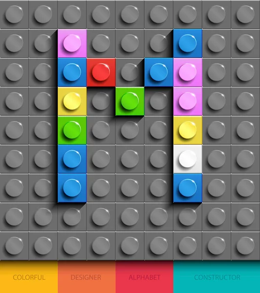 Lego tuğla bina gri lgego arka plan üzerinde renkli harfi. Lego mektup M. 3d lego harfler. alfabesine ait 3D açık lego harfler