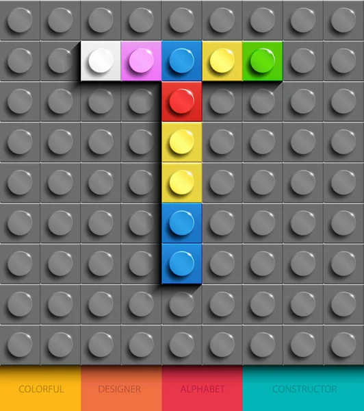 Renkli mektup T arka planda gri lego lego tuğla binadan. Lego harf T. 3d lego harfler. alfabesine ait 3D açık lego harfler
