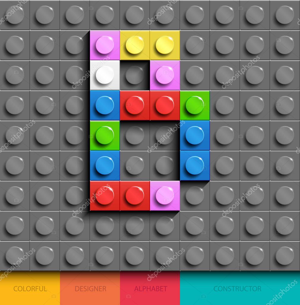 Colorful letter B from building lego bricks on gray lego background. Lego letter B. 3d lego letters. 3d front lego letters from alphabet