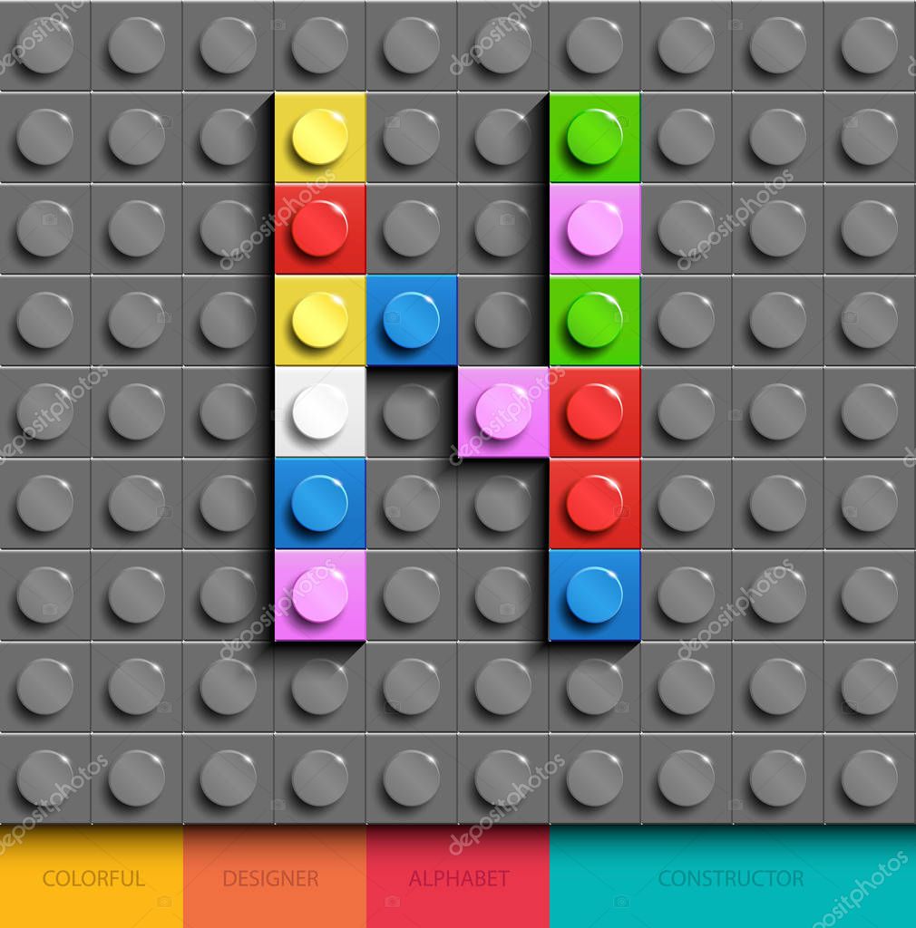 Colorful letter N from building lego bricks on gray lego background. Lego letter N. 3d lego letters. 3d front lego letters from alphabet