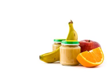 Bebek gıda: kavanoz meyve püresi izole üzerinde beyaz arka plan