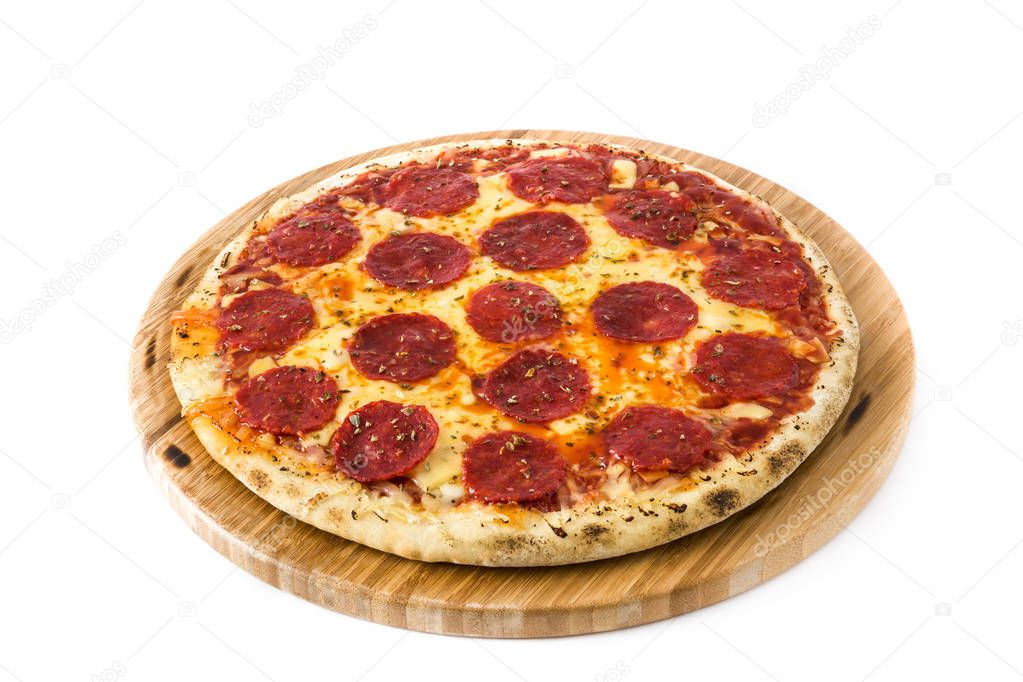 Hot italian pepperoni pizza isolated on white background. 