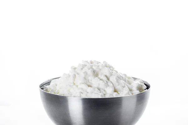 Fresh Cottage Cheese Metal Bowl Isolated White Background — Stock Photo, Image