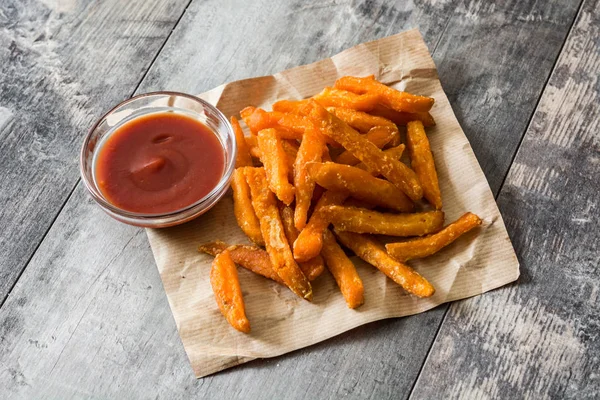 Sweet Potato Fries Ketchup Sauce Wooden Table — Stock Photo, Image
