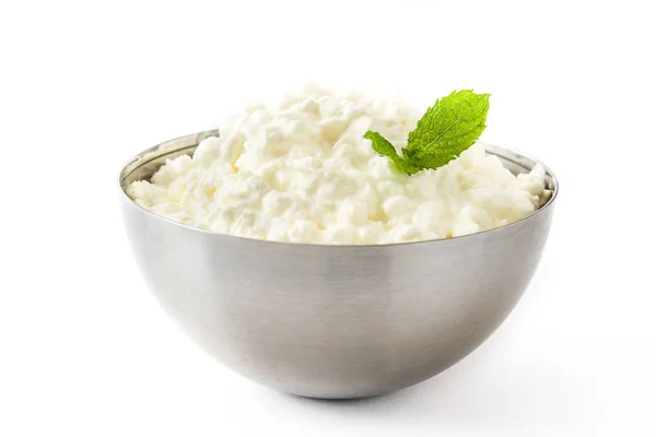 Fresh Cottage Cheese Metal Bowl Isolated White Background Close — Stock Photo, Image