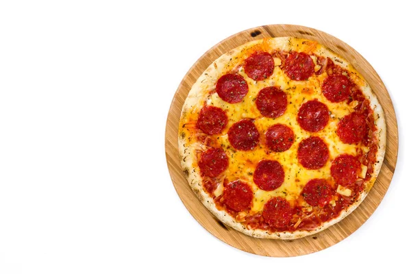 Pizza Italiana Picante Pepperoni Aislada Sobre Fondo Blanco Vista Superior — Foto de Stock