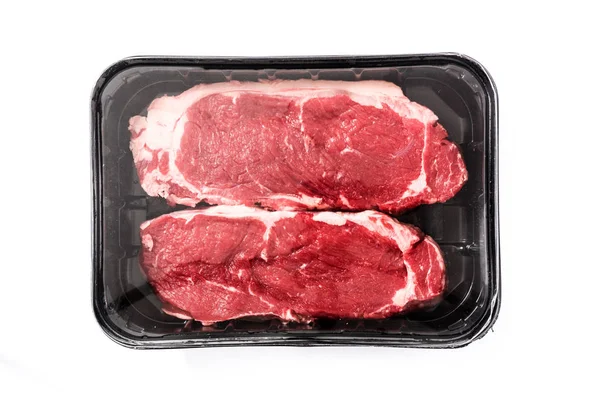 Embalaje Filete Carne Cruda Aislado Sobre Fondo Blanco Vista Superior — Foto de Stock