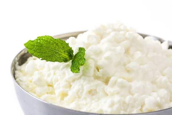 Fresh Cottage Cheese Metal Bowl Isolated White Background Close — Stock Photo, Image