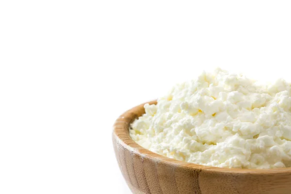 Fresh Cottage Cheese Wooden Bowl Isolated White Background Copyspace — Stock Photo, Image