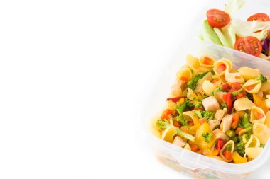 Beslenme çantası ile sağlıklı gıda izole üzerinde beyaz arka plan yemeye hazır. Boşaltmak