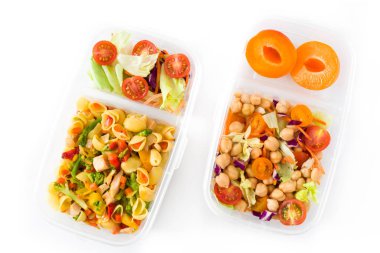 Beslenme çantası ile sağlıklı gıda izole üzerinde beyaz arka plan yemeye hazır. Üstten görünüm