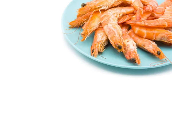 Grilled Shrimps Blue Plate Isolated White Background Copyspace — Stock Photo, Image