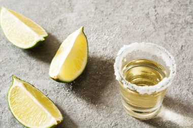 Limon ve tuz gri arka plan üzerinde altın Meksika tekila