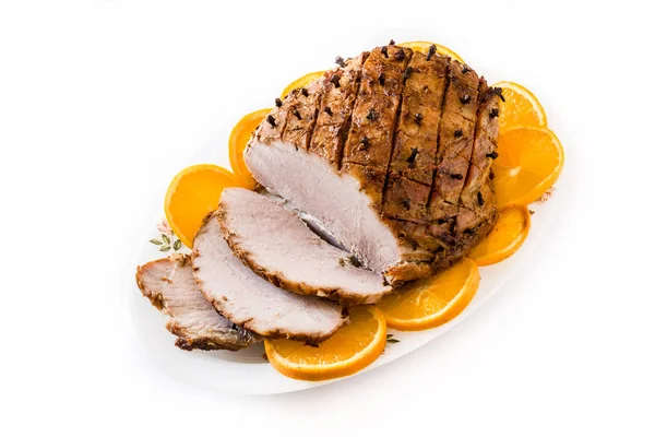 Tradicional homemade honey Glazed Ham for holidays isolated on white background