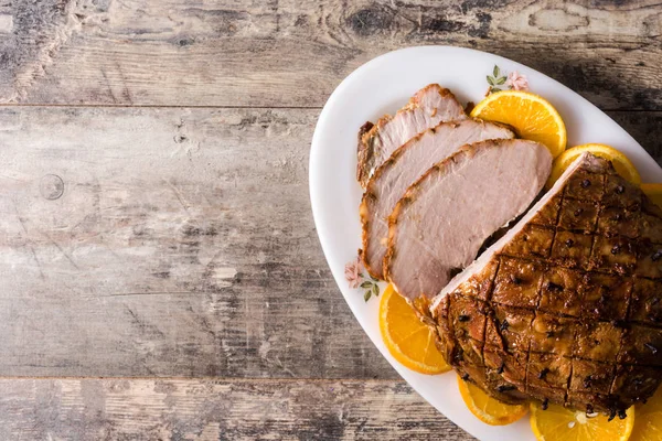 Tradicional homemade honey Glazed Ham for holidays. Top view