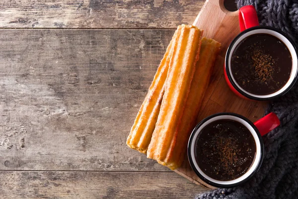 Chocolate Caliente Con Churros Sobre Mesa Madera Vista Superior Espacio — Foto de Stock