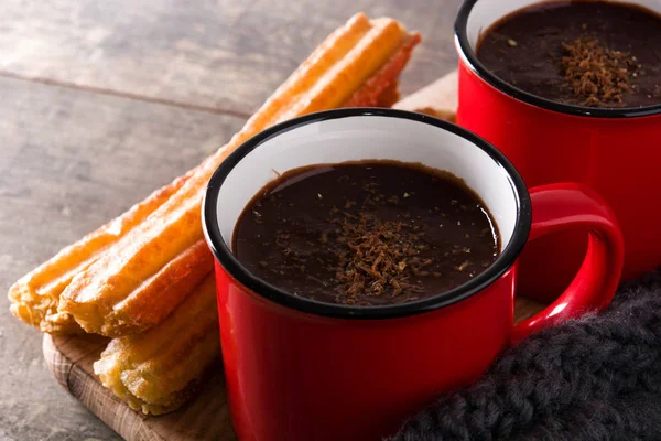 Horká Čokoláda Churros Dřevěný Stůl Detailní Záběr — Stock fotografie