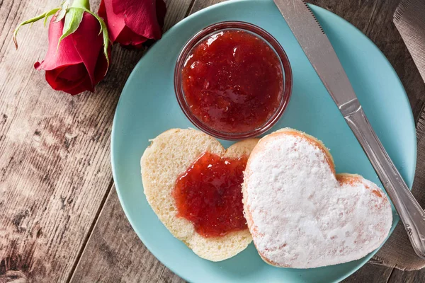 Valentine Day Breakfast Coffee Heart Shaped Bun Berry Jam Top — Stock Photo, Image