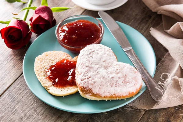 Valentine Day Breakfast Coffee Heart Shaped Bun Berry Jam — Stock Photo, Image
