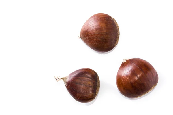 Raw Chestnuts Isolated White Background Top View Copyspace — Stock Photo, Image