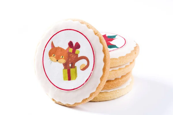 Hemmagjord Smör Cookies Med Tryckt Jul Katt Design Isolerade Vit — Stockfoto