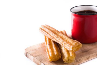 Beyaz arka plan üzerinde izole churros sıcak çikolata. Boşaltmak