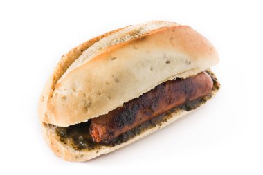 Choripan. Traditional Argentina sandwich with chorizo and chimichurri sauce.isolated on white background clipart