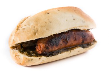 Choripan. Traditional Argentina sandwich with chorizo and chimichurri sauce.isolated on white background clipart