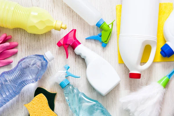 Cleaning Items White Floor House Top View — Stock Photo, Image