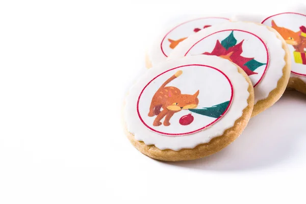 Biscotti Burro Fatti Casa Con Disegno Stampato Gatto Natale Isolato — Foto Stock